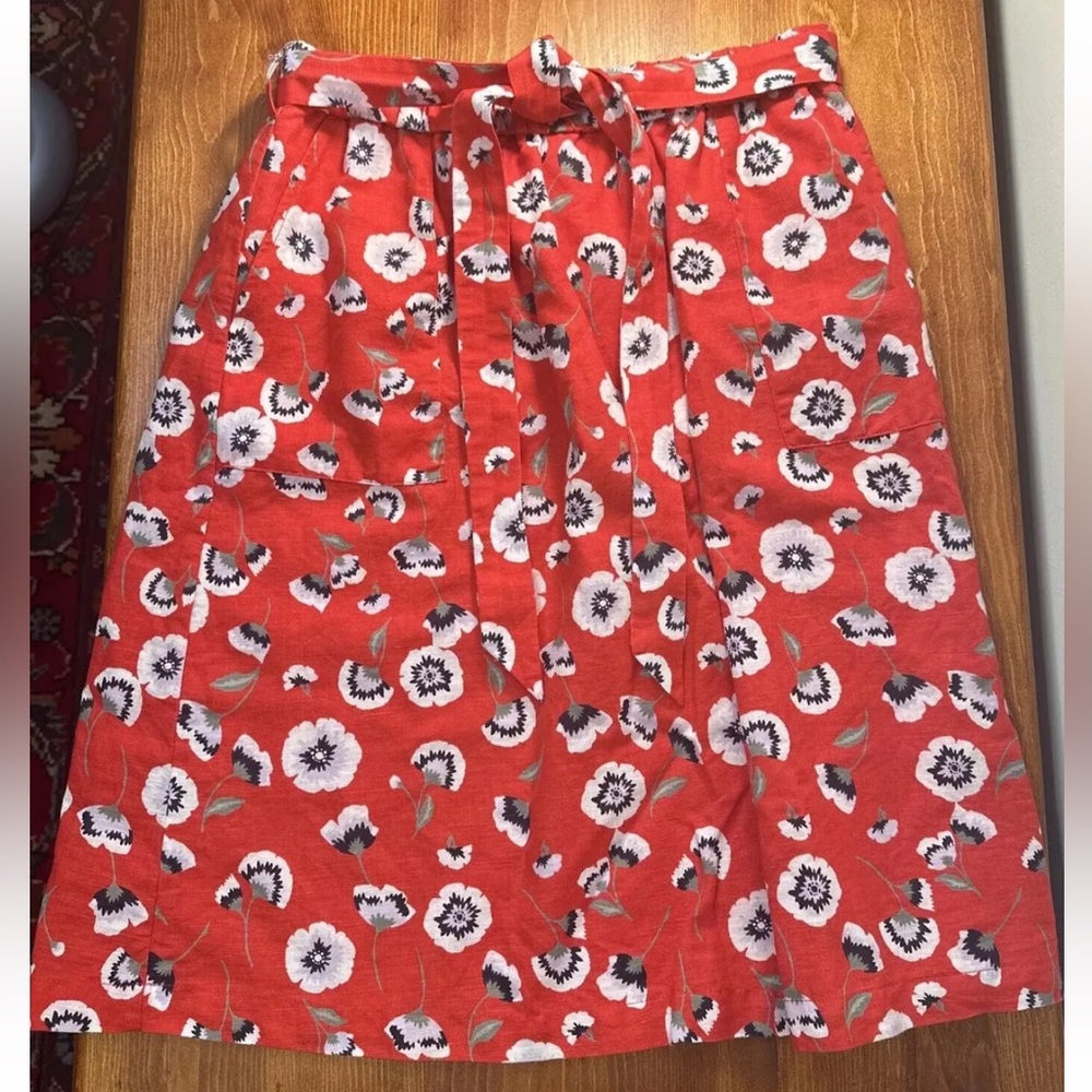 J Crew Linen Skirt Size S Red Floral Poppy Print Tie Waist Knee Length Pull On